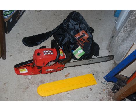 A Chainsaw with brake, blade cover and bag.