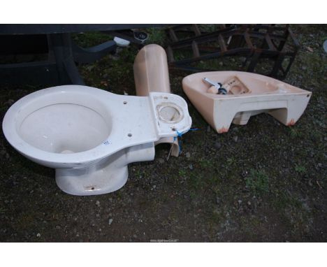 A Toilet system and a terracotta coloured Hand-basin with pedestal.