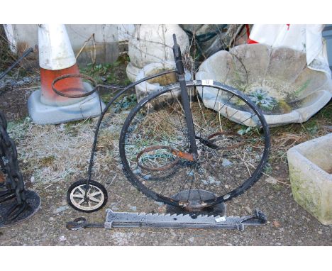 A Penny-farthing fabricated from a Bicycle wheel, and  Planter etc.