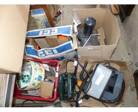 Brass lamp, electric hot plate, clays and fly zapper, etc.