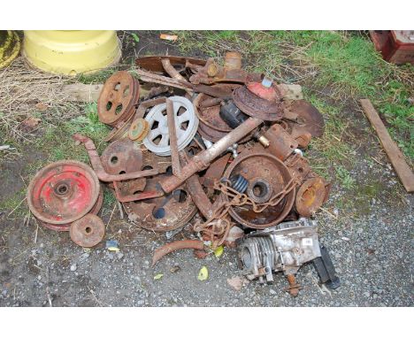 A quantity of metal pulleys, and  gate hinges, etc.