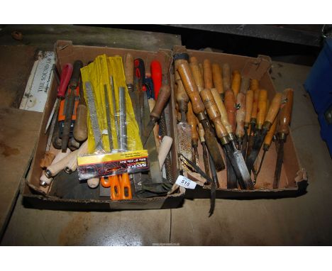 Two boxes of hand tools, including chisels and files, etc.