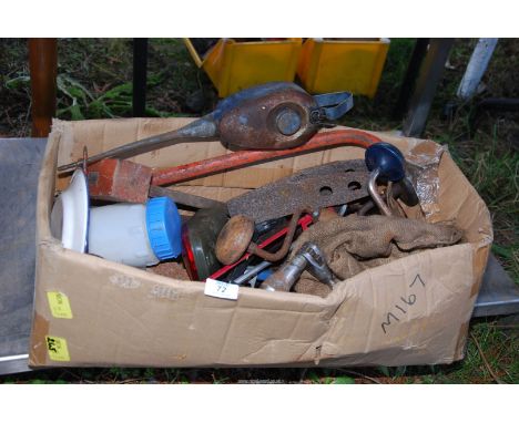 A box of Brace and bit Wood Drills, Rasps, Oil cans, various Tools, etc.