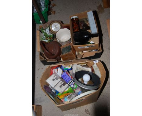 Low energy bulb, old bottles, enamel kettle, Jardiniere, etc.