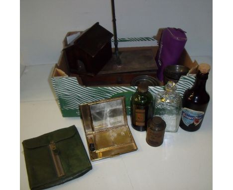 Box of assorted collectable's including leather wallet, balance scales, vintage cake tins, ginger beer bottle, Slazenger oil,
