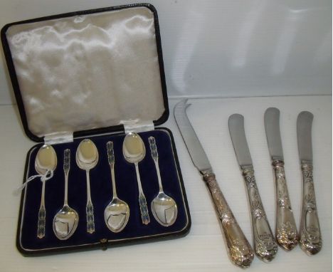 Cased set of six silver hallmarked Birmingham 1928 teaspoons with enamel detail to stems and three butter knives with silver 