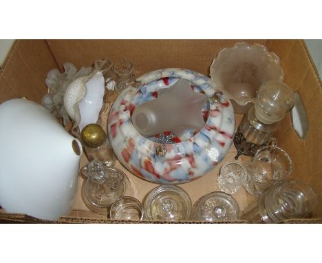 Box of glass lamp shades, cut glass vases, trinket pots etc.