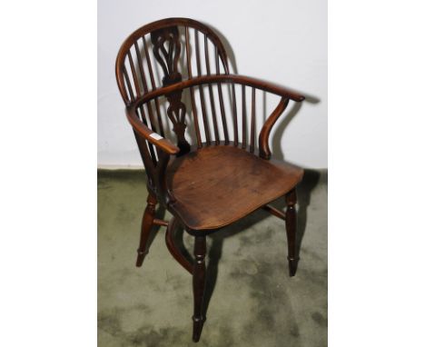 19th C yew and elm stick low back Windsor armchair with crinoline under stretcher and turned supports 