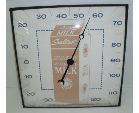 Sealtest Vitamin D Milk tin advertising thermometer  with convex glass made by Pam Clock Co. inc. New Rochelle N.Y.D Made in 