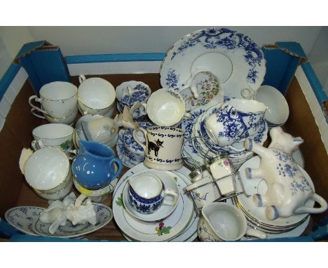 Box of assorted tea services, Emma Bridgewater cat mug, Edwardian blue and white part tea service etc.