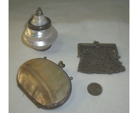 19th c shell purse in brass mount with leather sectional interior, small trinket pot made from mother of pearl shell with whi