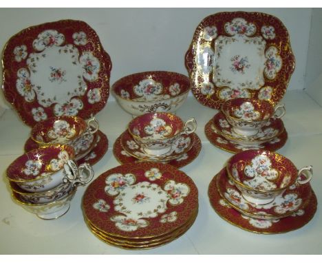 Selection of 19th C tea service comprising two cake plates, eight tea plates, seven tea cups (one a/f), four saucers and foot