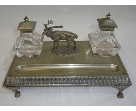 Silver plated presentation twin inkwell desk stand with two glass inkwells with silver plated tops and central figure of a st