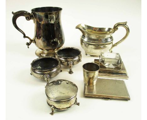 SMALL SILVERWARES, comprising, George III tankard, Victorian cream jug, pair of Georgian salts, ring box, inkwell, cigarette 