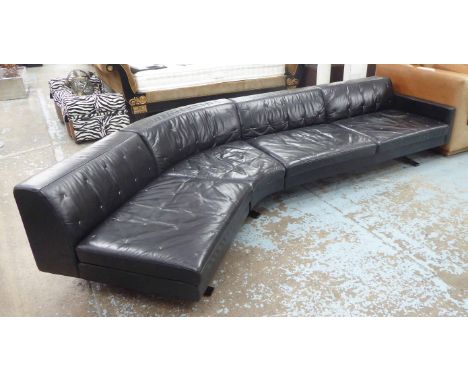 POLTRONA FRAU CORNER SOFA, soft black leather with cross stitched detail on metal legs, 360cm L x 103cm x 68cm H.