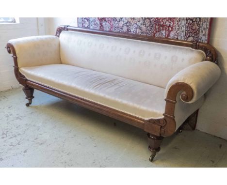 SOFA, early Victorian mahogany with scroll arms on tapering octagonal supports and cream damask upholstery, 91cm H x 230cm W 