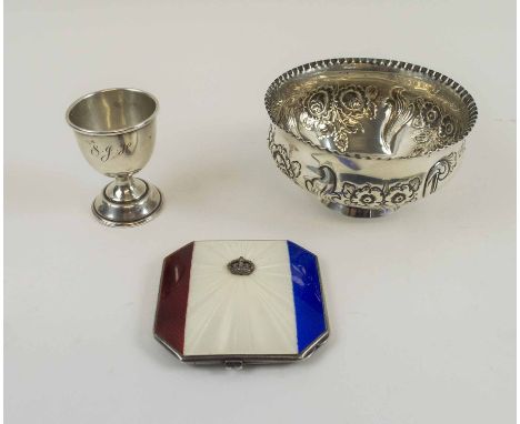 SILVER BOWL, late Victorian embossed flowers and foliage, London 1900, 10.5cm D; a silver and enamel compact, Birmingham 1936