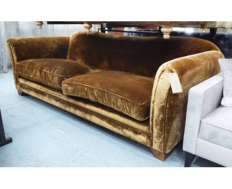 SOFA, of large proportions in chocolate brown velvet, 250cm W x 79cm H x 113cm D.