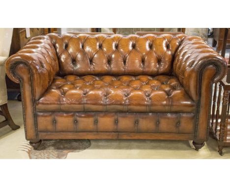 CHESTERFIELD SOFA, Victorian style hand finished leaf brown leather with deep button upholstered back arms and seat, 156cm W.