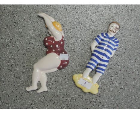 Two novelty ceramic wall plaques buxon lady and bathing gentleman