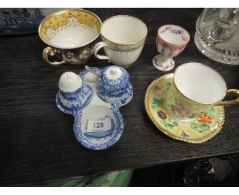 A selection of ceramics, including Royal Worcester English flowers cup and saucer, and Spode cruet.