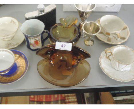 A miscellaneous selection including German cups and saucers, smoked Art Glass and plated ware 