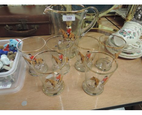 A hunting themed water jug and glasses 