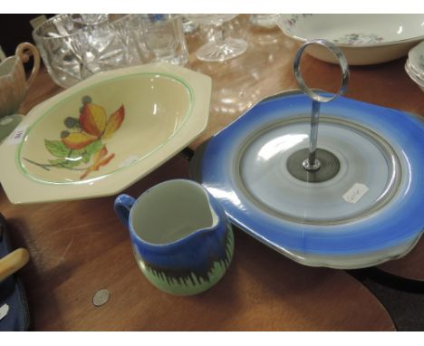 A Shelley cake plate and milk jug and a Royal Doulton Art deco style bowl
