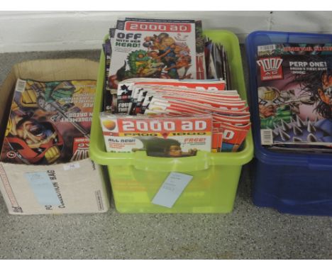 Three boxes of vintage '2000 AD' comics featuring Judge Dredd