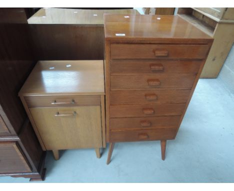 A vintage bedside chest and narrow chest of drawers