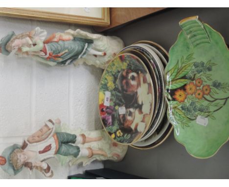 A selection of collectors plates a Carltonware dish A/F and two bisque figures etc