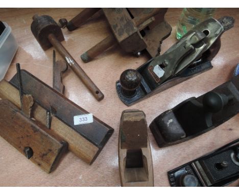 A selection of vintage wood working tools including Stanley 220 and Record 04 planes etc