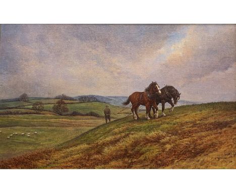 K Nelson (Late 20th century): Working Horses on a Hillside, oil on canvas signed 24cm x 39cm - Condition Report 