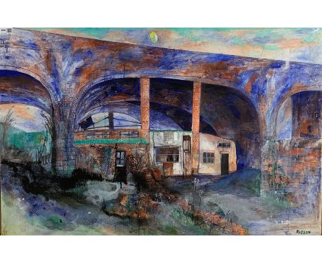 Barbara Mary Russon (British 1930-2007): Sheds under the Viaduct, oil on canvas signed 64cm x 97cm (unframed)Provenance: Midl