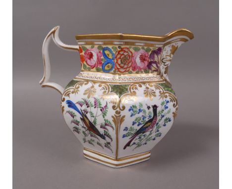 A COALPORT HEXAGONAL SECTION JUG, c.1825, decorated with panels of birds and flowers on a green scale and gilt ground, 17cm h