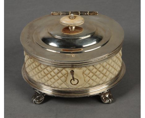 A MID 19TH CENTURY IVORY AND SILVER PLATED CASKET OR CADDY of squat ovoid form, ivory finial, hinged cover and two interior c