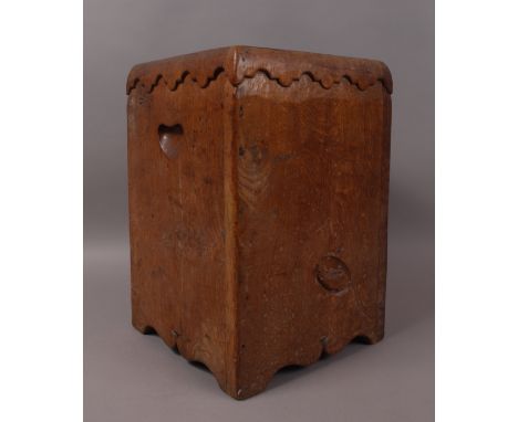 THOMPSON OF KILBURN 'MOUSEMAN'.  An oak waste paper bin, probably 1940s, of square section carved with an arcaded border, dou