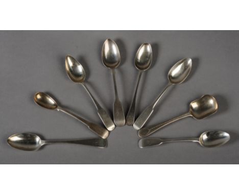 EIGHT PROVINCIAL SCOTTISH SILVER SPOONS, comprising: a fiddle pattern teaspoon by George Sangster, Aberdeen 1860, overstruck 