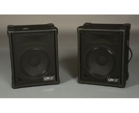 A PAIR OF VILLAGE AUDIO 12 INCH P.A. SPEAKER CABINETS, in black vinyl covered cabinets with grille fronts, 40cm wide x 51cm h