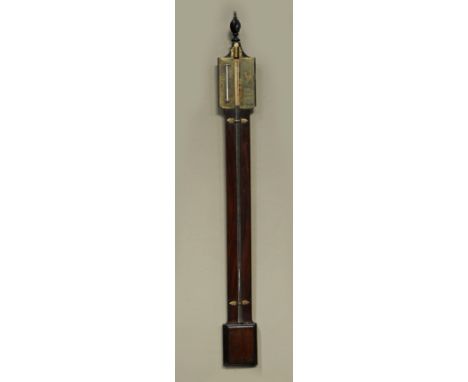 A 19TH CENTURY MAHOGANY STICK BAROMETER, with brass dial, fitted with a thermometer, mahogany flame finial, 11.5cm wide x 108