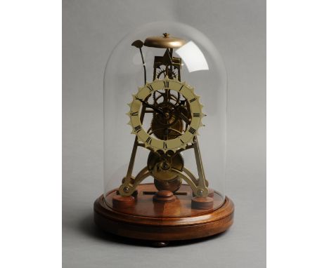 A SINGLE FUSEE BRASS SKELETON CLOCK with cream painted chapter ring, Roman numerals, single train movement, striking on a sin