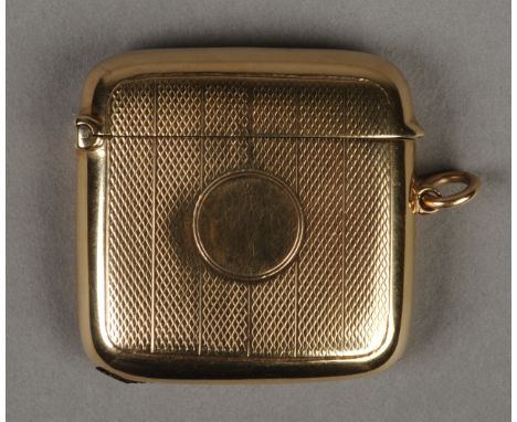 A LATE 19TH CENTURY 9CT GOLD VESTA BY WM BASE & SONS, BIRMINGHAM 1899, of square outline and engine turned decoration with va