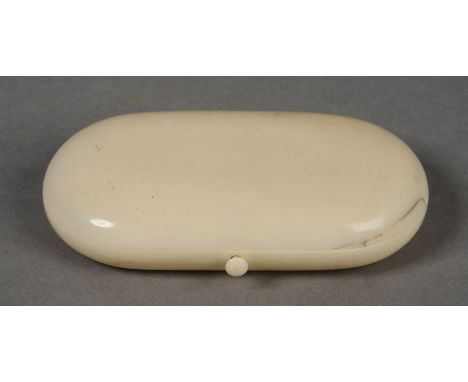 A 19TH CENTURY IVORY NECESSAIRE OF PLAIN OVAL FORM, the interior fitted with silver gilt needle case, thimble, scissors and s