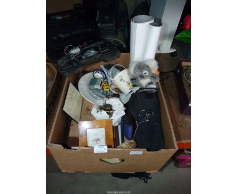 A box of miscellaneous including: a copy of the Daily Express April 24th 1900, a Black and Decker screwdriver tool, pictures 