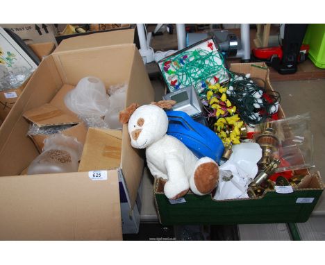 A quantity of light shades, and a box of miscellanea, dual lights and coasters, etc.