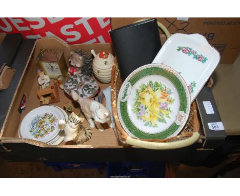 A box of miscellaneous china, carriage clock, etc.