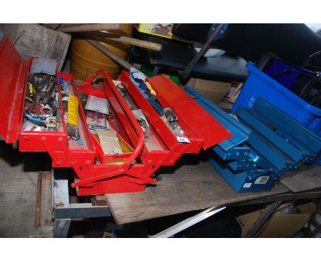 Two cantilever tool boxes with various spanners and tools, drill bits, and 3/8 dive socket set.