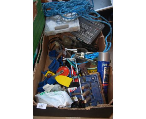 A carpenter's vice, lead light, metal and stone drill bits, sash clamps, etc.