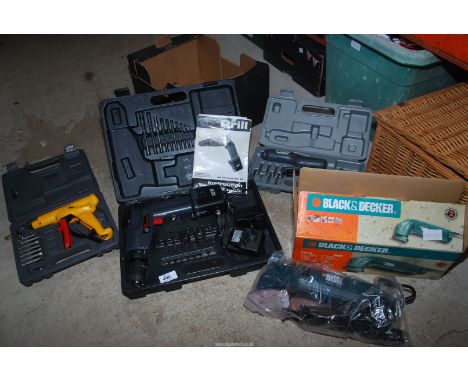A Black & Decker, electric screwdriver (cased), 12 volt cordless drill, battery and charger, etc.