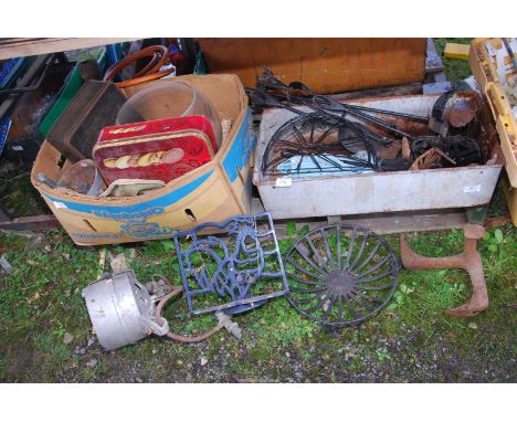 Two boxes of tins, mirror, companion set, LPG light, wall planter, fire irons, etc.